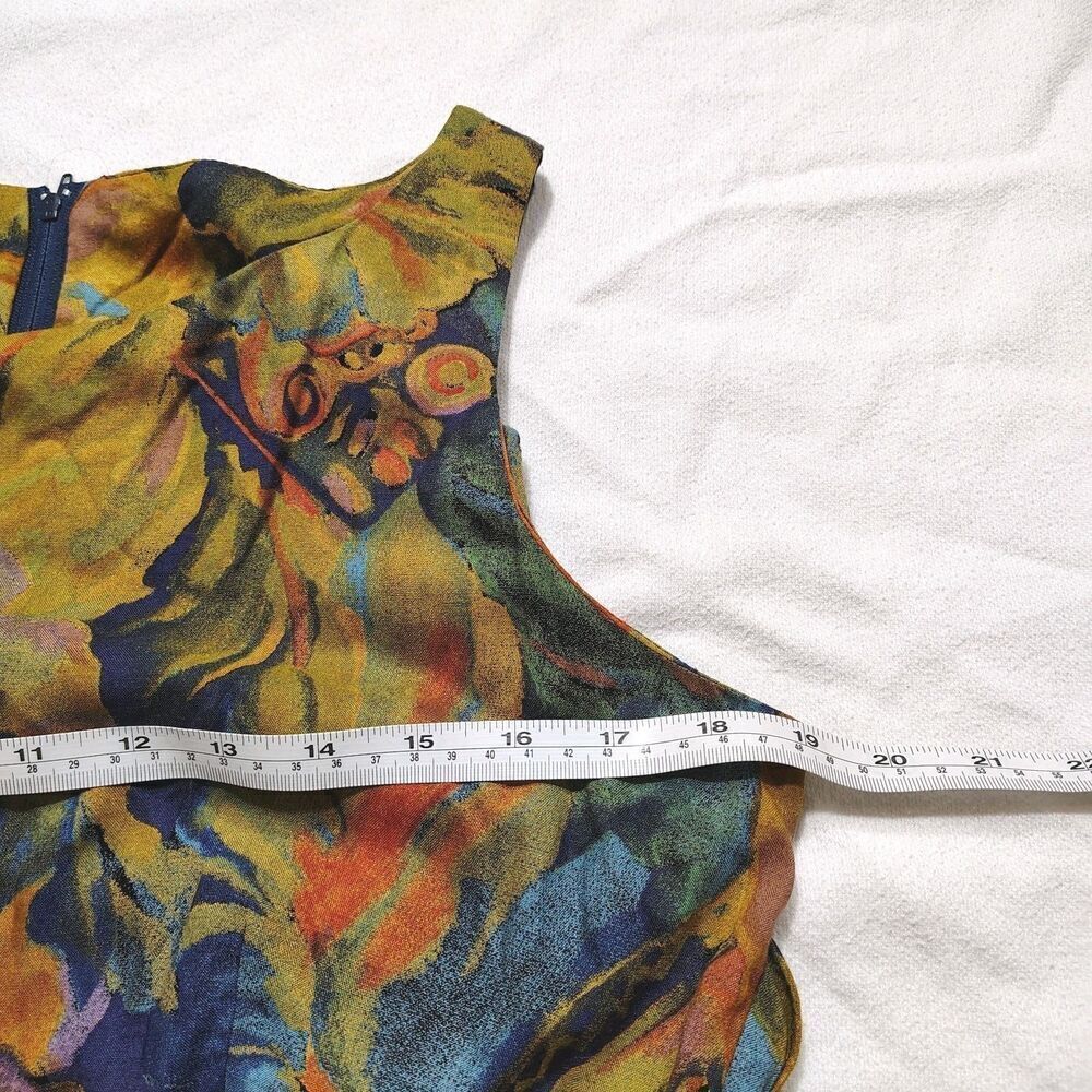 Vintage 90s Abstract Print Midi Dress Size M Sleeveless Tie Waist Retro Artsy - Picture 6 of 8